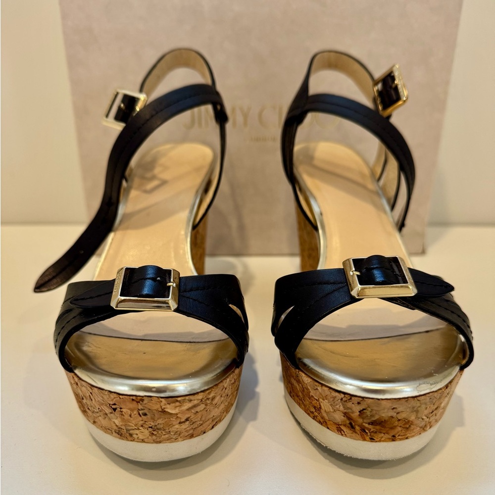 JIMMY CHOO Black and Gold Women's Leather Wedge Sandals